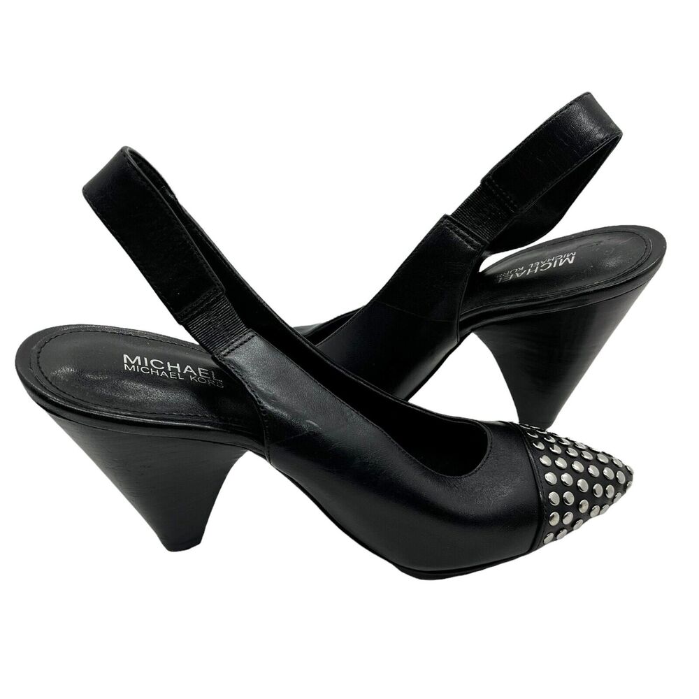 Michael Kors Slingback Heels Womens Gemma Black Flat Silver Tone Studded Size 5M - Picture 5 of 16
